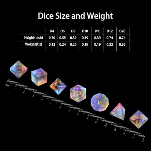 LUCKY-M Prism Glass Rainbow DND Dice Set, Dungeons and Dragons Unique Dice Set RPG Transparent Dice D&D Sets, D20 D12 D10 D00 D8 D6 D4 Cool D and D Dice - color: 5.frosted Rainbow Gold Number