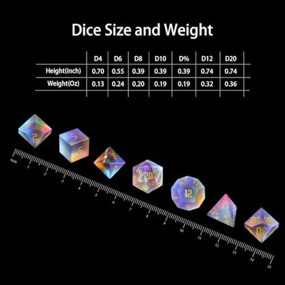 LUCKY-M Prism Glass Rainbow DND Dice Set, Dungeons and Dragons Unique Dice Set RPG Transparent Dice D&D Sets, D20 D12 D10 D00 D8 D6 D4 Cool D and D Dice - color: 5.frosted Rainbow Gold Number