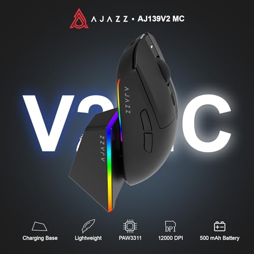 AJAZZ AJ139 V2 MC Wireless Gaming Mouse with RGB Charging Dock, 66g Ultra-Lightweight Tri-Mode Optical Mouse, 12000 DPI PAW3311 Sensor, Ergonomic Rechargeable Gaming Mouse for PC/Mac - Black - color: Black