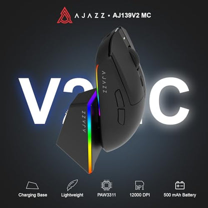 AJAZZ AJ139 V2 MC Wireless Gaming Mouse with RGB Charging Dock, 66g Ultra-Lightweight Tri-Mode Optical Mouse, 12000 DPI PAW3311 Sensor, Ergonomic Rechargeable Gaming Mouse for PC/Mac - Black - color: Black