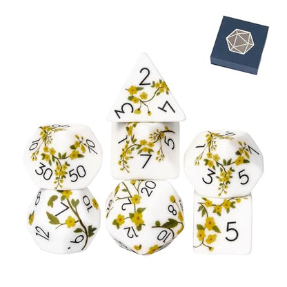 White DND Dice Set Flower Polyhedral Dice Set for D&D Tabletop Games | Premium Gift Box, DM Gift, for Dungeons and Dragons Role Playing Games - color: Pattern-yellow Flower