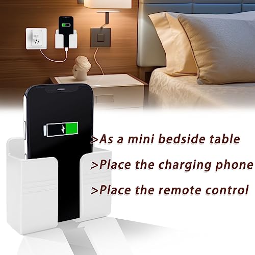 2 Pcs Wall Mount Phone Holder with Adhesive Phone Stand with Data Cable Receiving Hole, Phone Charger Stand Remote Control Storage Box for Bedroom, Kitchen, Bathroom, Office (White) - color: White