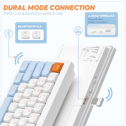 A.JAZZ AKL680 65% Low Profile Wireless Mechanical Keyboard, BT/2.4Ghz Dual Mode 68 Keys Gaming Keyboard with Ultra-Thin Red Switches for PC/Laptop/Windows/Mac(Blue/White) - color: Blue/White/Red Switch