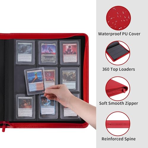 Snekdy Top loader Binder, 9 Pockets Top Loader，Holds 360 Top Loaders cards, Card binder with Sleeves for card in 3 x 4 inches color smooth Zipper PU Leather (Red) - color: Red