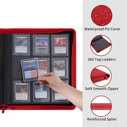 Snekdy Top loader Binder, 9 Pockets Top Loader，Holds 360 Top Loaders cards, Card binder with Sleeves for card in 3 x 4 inches color smooth Zipper PU Leather (Red) - color: Red