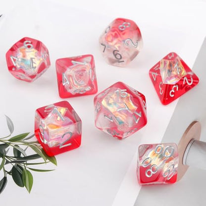 Haxtec Red Clear DND Dice Set, 7 Pcs Iridescent Resin Polyhedral RPG Dice | Role Playing Games Dice with Velvet Bag, Rounded Edge, Compatible with Dungeons and Dragons, Gifts for D&D Lovers - color: Red White