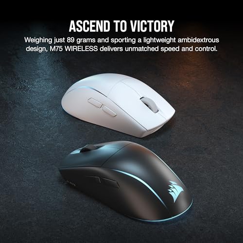 Corsair M75 Wireless RGB Lightweight FPS Gaming Mouse – 26,000 DPI – Swappable Side Buttons – iCUE Compatible – PC – White | 89g Ambidextrous, Swappable Magnetic Side Buttons, Marksman 26, Slipstream 2.4ghz and Bluetooth, Up to 105h Battery - color: White