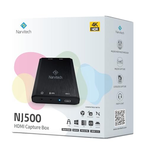 Narvitech NJ500 HDMI Capture Card – 4K60 HDR, 2K144, 1080P240 Passthrough, 4K30 Recording, Ultra-Low Latency, for PS5, Xbox Series X|S, Nintendo Switch 2, Quest 3, PC & Mac, OBS Streaming & Recording