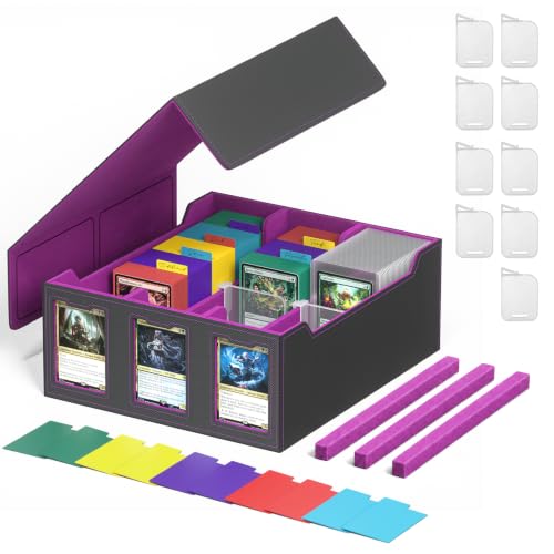 Foluck Trading Card Storage Box with Commander Display Holds 2500+ Cards | Dual-Function Magnetic Lid, Adjustable Storage, with 9 Stoppers, 10 Dividers 3 EVA Spacers, Fits for TCG, CCG, Sports Cards - color: Purple, size: 3-Row