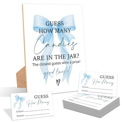 Blue Bow Guess How Many Candies Are In The Jar Game, Pack of 1 Wooden Tabletop Sign with Stand and 50 Guessing Cards, Blue Coquette Bow Baby Shower Game, Gender Reveal Party Decorations - KA02 - color: Guess How Many Candies Are in the Jar