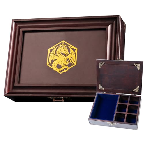 Vintage Dice Tray & Rolling Box for DnD - With Adjustable Dividers | Antique-Style Storage Vault, Adjustable Dividers for Dice, Minis & Tokens, Solid Pine, Tabletop RPG Gift for D&D Players - color: Dragon D20 Blue Velvet