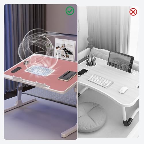 Adjustable Laptop Lap Desk with Cooling Fan USB Light for Adults 60x40cm,Pink - color: Pink+holder,60x40cm
