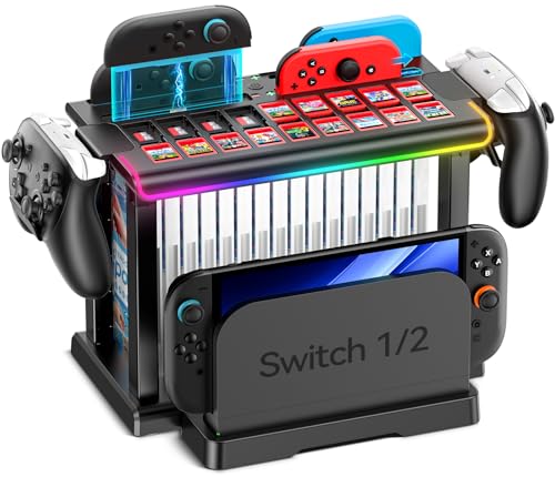 Switch 2/1/OLED RGB Organizer Station with Controller Charging Dock, Switch Storage Stand, Joycon 1/2 Charger, Gaming Accessories Holds TV Dock, 16 Game Cases, 18 Game Cards, and 2 Pro Controllers - color: Black, size: L-Black-Switch 1/2