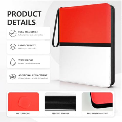 9 Pocket Zip Card Binder, Trading Card Album Holds 1080 Cards, Red White | Logo-free design,top-loading pages,removable double-sided pockets,waterproof cover,soft lnner lining. - color: Red White, size: 9 Pocket 1080