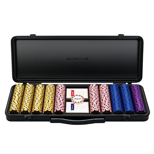 SLOWPLAY Nash Clay Poker Set, 14g&40mm Poker Chips for Texas Hold'em | Black Gold Edition; 500 pcs Numbered Core Set; premium case with PC Shell; clay composite poker chips; Art Deco style - color: Black Gold, size: 500PCS Numbered Core Set (5, 25, 100, 5