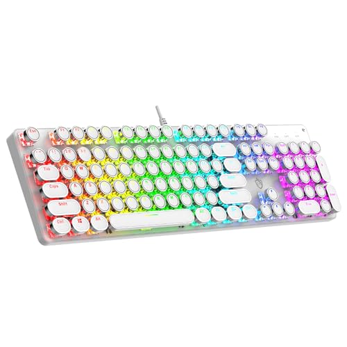 Typewriter Mechanical Gaming Keyboard with RGB Backlit Red Switches, 104 Keys Retro Round Keycap, Wired Typewriter Style Comfortable Typing Soud (R-White) - color: R-White