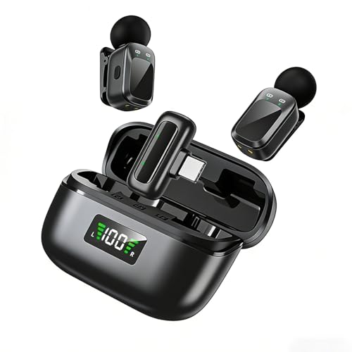 Wireless Clip-on Microphone System - Dual Lavalier Mics for TikTok, Vlog, Live Streaming, Interview, Compatible with Phone/Camera/PC, Auto Pairing, 8H Playtime per Mic