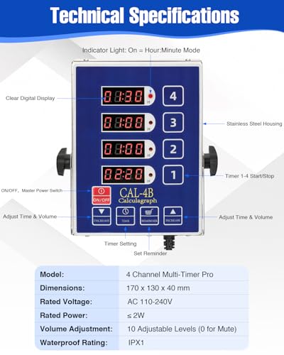 Commercial Kitchen Timer for Cooking, 4 Channel Timer Restaurant Kitchen Supplies, Heavy-Duty Timer - Stainless Steel | Digital LED Technology | Reminder Function | Loud Alarm - size: 4 channel