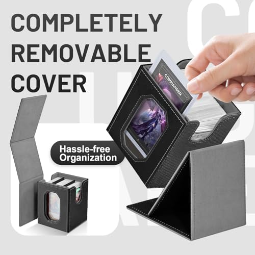 Trading Card Storage Box with Commander Display for MTG, TCG, Sports Cards, 5-in-1 Card Deck Box, Holds 450+ Double-Sleeved Cards, 4 Individual Deck Cases with Covers, Dice Tray & Magnetic Holders - color: Black & Grey