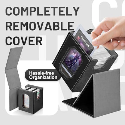 Trading Card Storage Box with Commander Display for MTG, TCG, Sports Cards, 5-in-1 Card Deck Box, Holds 450+ Double-Sleeved Cards, 4 Individual Deck Cases with Covers, Dice Tray & Magnetic Holders - color: Black & Grey