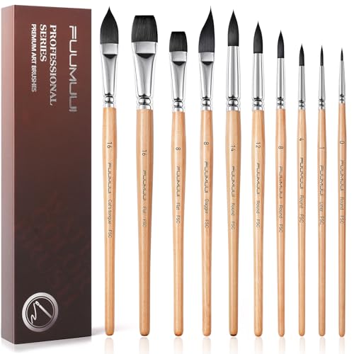 Watercolor Brush Set, Fuumuui 10pcs Professional Synthetic Squirrel Paint Brushes for Artists - Flat, Round Pointed, Dagger, Cats Tongue Oval Wash - color: Wooden