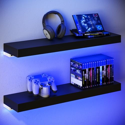 BAMEOS Floating Shelves with LED for Wall, Sturdy Shelves with RGB Light, Wall Mounted Display Shelves, Set of 2, Hanging Shelf for Bathroom, Bedroom, Kitchen, Living Room Storage, Black - color: Black-rgb, size: 24 x 6