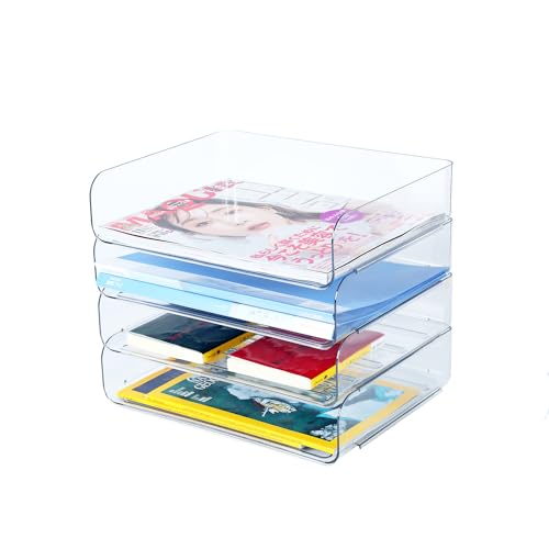 4 Tier Stackable A4 Paper Trays, Office Desk File Holder, Tidy File Document Letter Book Paper Organizer (4 Tiers,Clear) - size: 4 tiers
