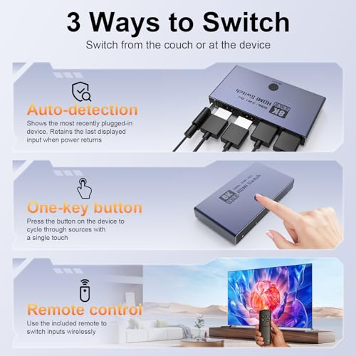 HDMI 2.1 Switch 3 in 1 Out, 8K@60Hz 4K@240Hz/120Hz 48Gbps HDMI Switcher | 3-Port HDMI Selector with Remote & Detection-Switching, VRR HDR10+ Dolby Vision/Atmos CEC HDCP2.3, Aluminum Alloy