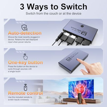 HDMI 2.1 Switch 3 in 1 Out, 8K@60Hz 4K@240Hz/120Hz 48Gbps HDMI Switcher | 3-Port HDMI Selector with Remote & Detection-Switching, VRR HDR10+ Dolby Vision/Atmos CEC HDCP2.3, Aluminum Alloy