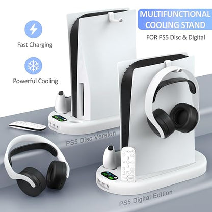 Gaming Console Vertical Stand with Dual Fast Charging Station & 3-Level Cooling Fan for PS5 Slim Digital & Disc Versions