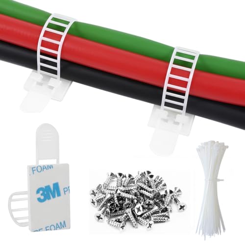 100Pcs Adhesive Cable Management Clips with 50Pcs Zip Ties, Adjustable Nylon Cable Strap Ties Wire Clips Clamps Organizer, Extra Screw & Hole - 3.55 Inch White - color: White, size: L-100pcs
