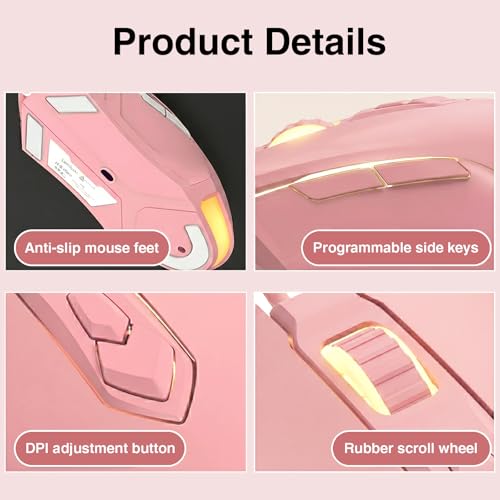 Lomiluskr AJ52 RGB Wired Gaming Mouse, 7 Programmable Buttons, Computer Mice with RGB Lighting, 200-4800 DPI Adjustable, for PC/Laptop (Pink) - color: Pink