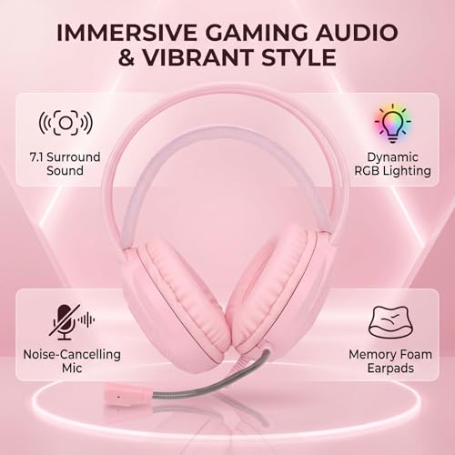 ASHATA Wired Gaming Headset, Computer Headset with Noise Cancelling Mic, 7.1 Surround Sound RGB Headphones 50mm Driver Unit Memory Foam Earpads, 3.5mm Wired (Pink) - color: Pink