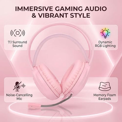 ASHATA Wired Gaming Headset, Computer Headset with Noise Cancelling Mic, 7.1 Surround Sound RGB Headphones 50mm Driver Unit Memory Foam Earpads, 3.5mm Wired (Pink) - color: Pink