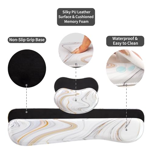 QIYI PU Leather Desk Mat Set, 4-in-1 Ergonomic Wrist Rest, Marble Stripes | Waterproof Large Mouse Pad 31.5×15.7 + Keyboard Wrist Rest + Mouse Wrist Support+Coaster, Non-Slip Office Gaming Accessories - color: White Marble Stripes