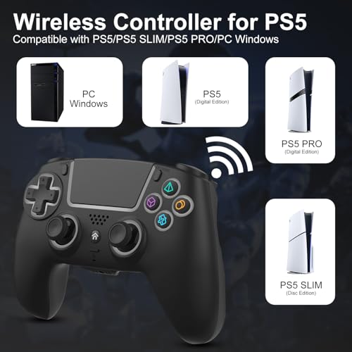 ADHJIE Compatible with PS5 Controller, RGB LED Wireless Controller for PS5 | PS5 Slim/PS5 Pro/PC with 3.5mm Audio Headset Jack,1000mAh Built-in Battery, Turbo, Dual Vibration, Black