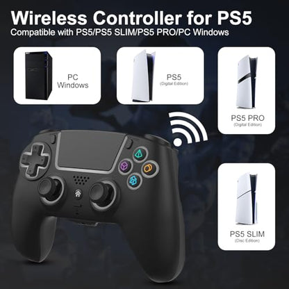 ADHJIE Compatible with PS5 Controller, RGB LED Wireless Controller for PS5 | PS5 Slim/PS5 Pro/PC with 3.5mm Audio Headset Jack,1000mAh Built-in Battery, Turbo, Dual Vibration, Black