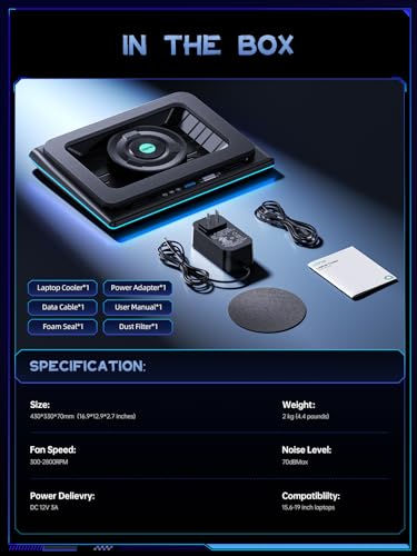 llano V12 Gaming Laptop Cooling Pad Laptop Cooler Laptop Cooling Fan Stand | 5.5 Inch Turbofan, Airtight Pressure Chamber, for 15.6-19in Laptop, Adjustable Speed, Dustproof, 3-Port USB Hub, Black (RGB) - color: Black RGB