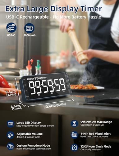 Large 7.8" Digital Timer with LED Display, Magnetic for Kitchen & Classroom | USB-C Rechargeable Timer with 99-Hour Count Up & Countdown, 3 Brightness Levels, 5 Alarm Sounds, 4 Volume Levels for Study - color: Navy Blue