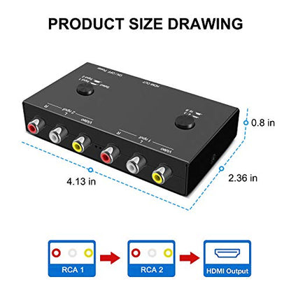 2 AV to HDMI, 1080P/720P TV 2 Way RCA Composite CVBS AV Switch to HDMI Video Audio Converter Adapter Support 4:3/16:9 Switching, for Sega Xbox PS2 PS3 N64 NGC SNES WII VHS VCR Camera DVD - style: 2 RCA Converter