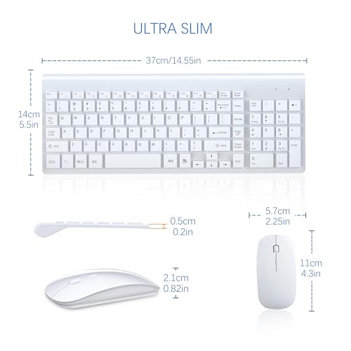 Wireless Keyboard and Mouse Ultra Slim Combo, TopMate 2.4G Silent Compact USB 2400DPI Mouse and Scissor Switch Keyboard Set with Cover, Batteries Included, for PC/Laptop/Windows/Mac - White - color: White