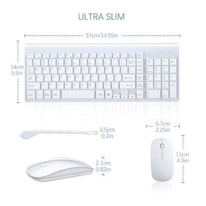 Wireless Keyboard and Mouse Ultra Slim Combo, TopMate 2.4G Silent Compact USB 2400DPI Mouse and Scissor Switch Keyboard Set with Cover, Batteries Included, for PC/Laptop/Windows/Mac - White - color: White