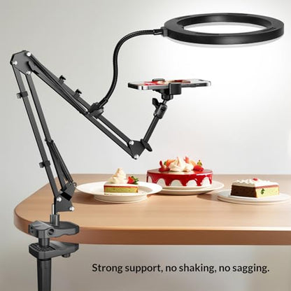 Overhead Camera Mount and Phone Holder with 10” Ring Light Canvas Lamp Adjustable Desk Tripod Stand Compatible with Logitech Webcam for YouTube, Live Streaming, TikTok, Cooking, Nail Video