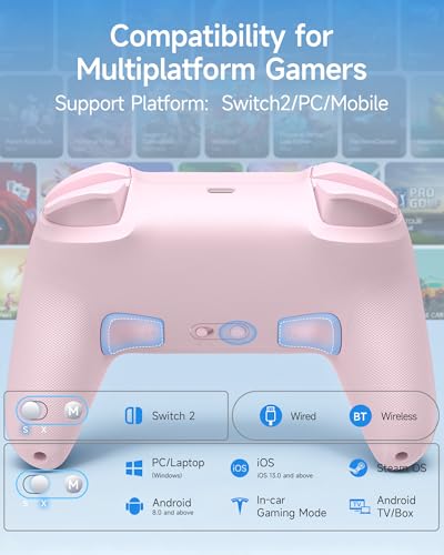 EasySMX S10C Switch 2 Controller with Hall Effect Anti-Drift Joysticks, Instant Wake-Up, HD Rumble, Motion Control, Back Buttons, Turbo, C Button for Switch 2/Switch/PC/iOS/Android - color: Pink