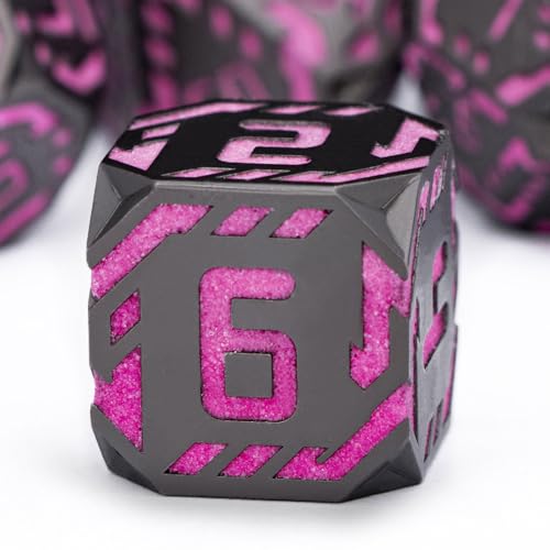 Metal DND Sci-fi Dice Set 7PCS Luminous Pink Stripe Polyhedral Dice for Dungeons Dragons RPG Role Playing Game, Glitter D and D Dice with Gift Box D6 D8 D10 D12 D20 - color: Nightlight - Pink