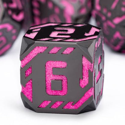 Metal DND Sci-fi Dice Set 7PCS Luminous Pink Stripe Polyhedral Dice for Dungeons Dragons RPG Role Playing Game, Glitter D and D Dice with Gift Box D6 D8 D10 D12 D20 - color: Nightlight - Pink