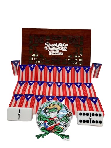 PRK 14 Premium Edition Puerto Rican Dominoes Set Deluxe – Double Six Domino Adult Tiles with Puerto Rico Flag Design – Resin & Clear Top Acrylic – Classic Artisan Wooden Storage Case Included