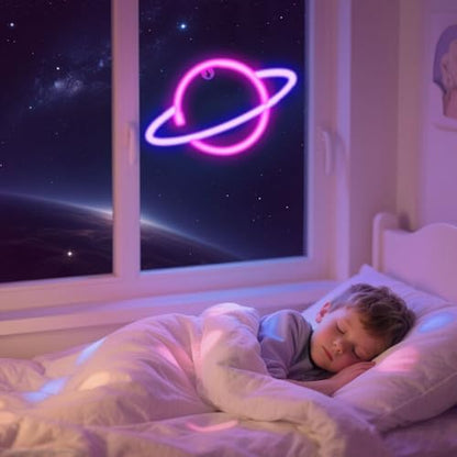 Planet Neon Sign for Wall Decor, Outer Space Night Light | USB or Battery Operated, Pink/Blue Planet Led Lighted Sign, for Bedroom, Gaming Room, Party Time, Kids Gifts
