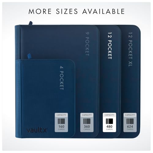 Vault X 12 Pocket Zip Trading Card Binder 480 Cards Exo-Tec (Blue) | Holds 480 standard-size TCG cards in 20 side-loading 12-pocket pages. Padded, water-resistant Exo-Tec cover. - color: Blue, size: 12 Pocket