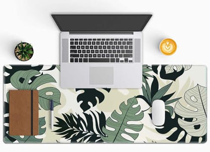 Linear Tropical Leaves Desk Mat, Extended Big Mouse Mat for Home and Office, Large Gaming Mousepad Laptop Keyboard Mat with Non-Slip Rubber Base, Stitched Edges (31.50"x11.8"x0.12") - color: Linear Tropical Leaves